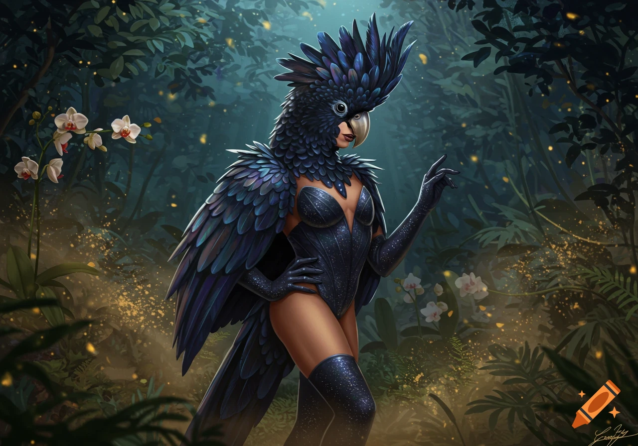 A black cockatoo humanoid in a sparkling feathered outfit poses in a lush jungle.