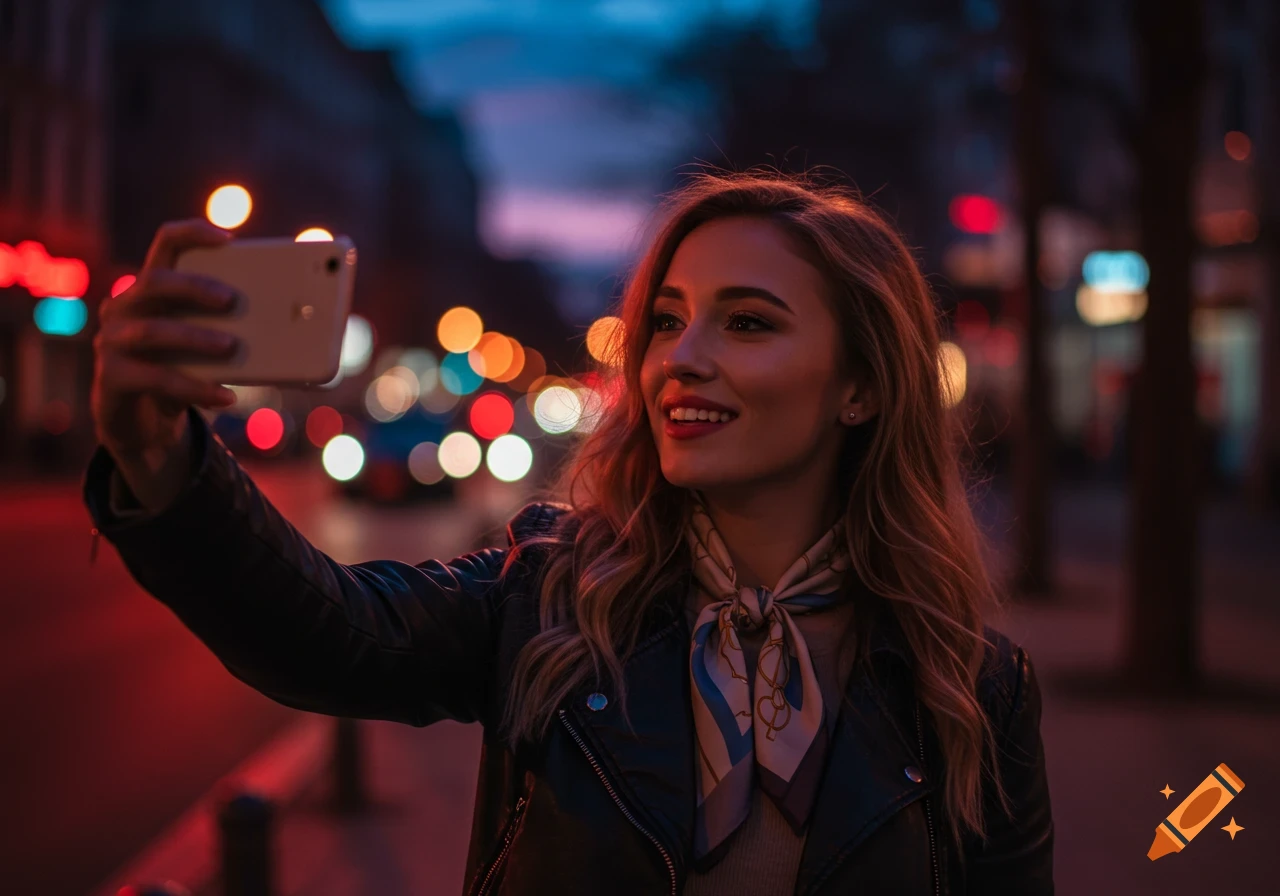 A smiling woman takes a selfie on her phone at night in a city with colorful bokeh lights in the background.