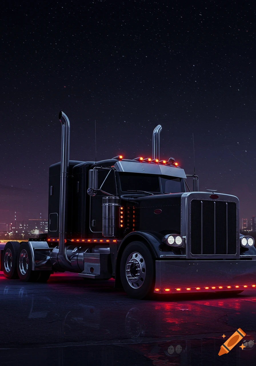 A black Peterbilt semi-truck with glowing red lights parked on a wet surface at night, under a starry sky.
