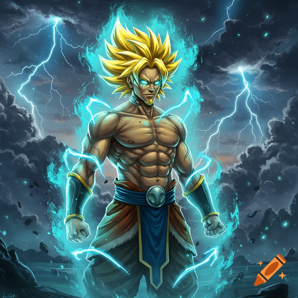 A muscular male character with spiky blonde hair and glowing blue eyes, surrounded by blue lightning against a stormy sky.