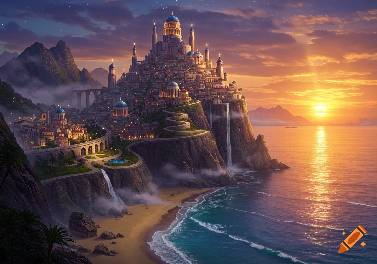 A majestic fantasy city with domed buildings and winding roads perched on a cliff overlooking a beach and ocean at sunset.