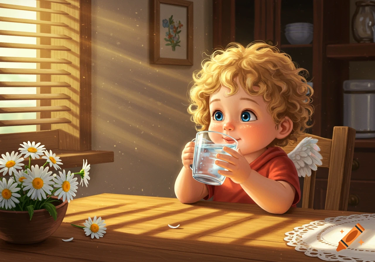 A cute, curly-haired child with small wings sips water at a sunlit wooden table with daisies.