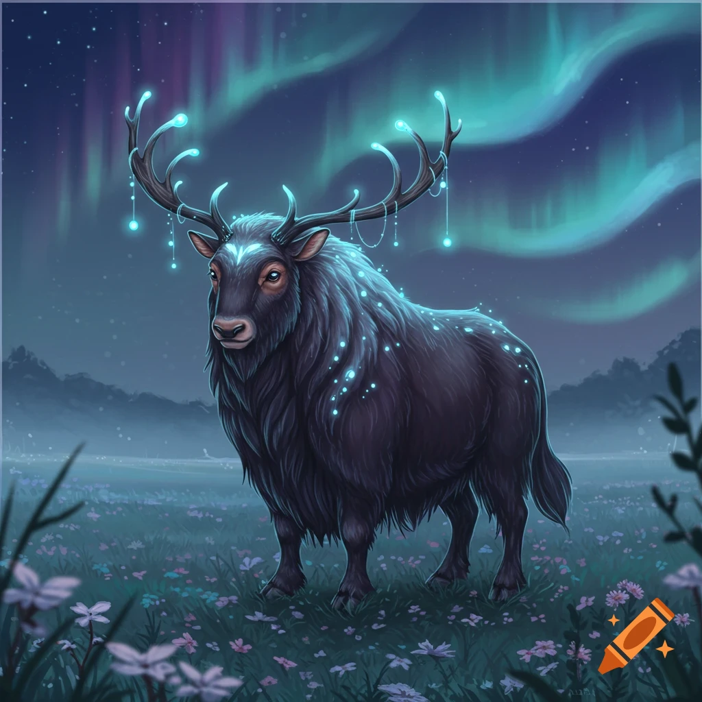 A dark, furry creature resembling a yak or moose with glowing blue spots and antlers adorned with luminous blue orbs stands in a field of flowers under a night sky with aurora borealis.