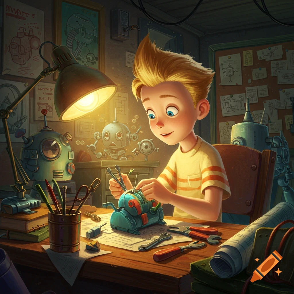 A cheerful young boy with spiky blond hair works on a robot at a cluttered workbench, illuminated by a desk lamp in a cartoon style.