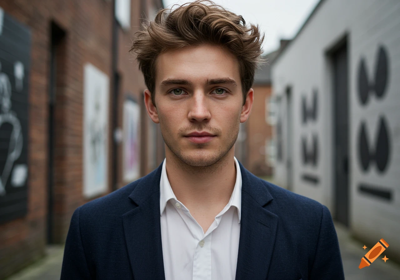 A close-up photorealistic portrait of a young man with brown hair and green eyes, wearing a white shirt and navy jacket, standing in an alley.