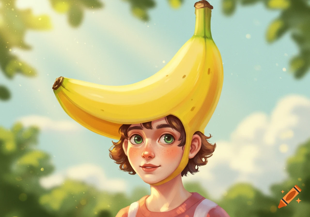 Illustrated young person with green eyes wearing a large yellow banana hat outdoors in bright sunlight.