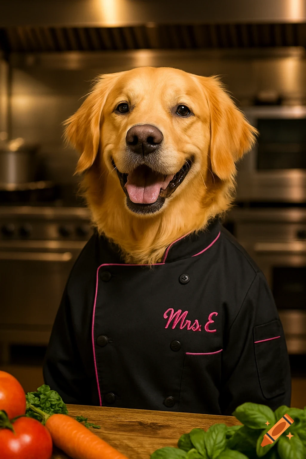 A happy photorealistic golden retriever in a black chef jacket with pink trim and 'Mrs. E' embroidered, standing in a kitchen with vegetables.