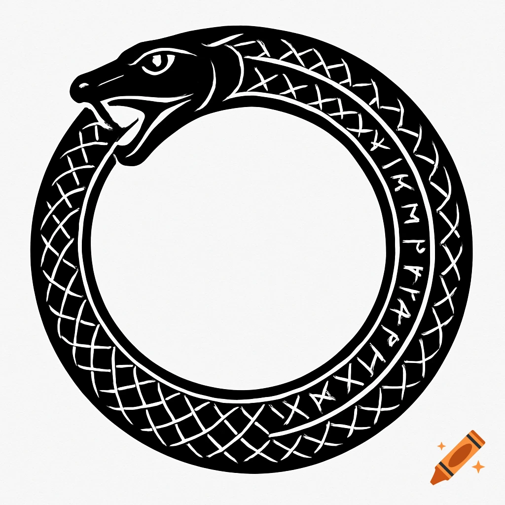 High-contrast black and white illustration of an Ouroboros, a serpent eating its own tail, adorned with rune-like symbols.