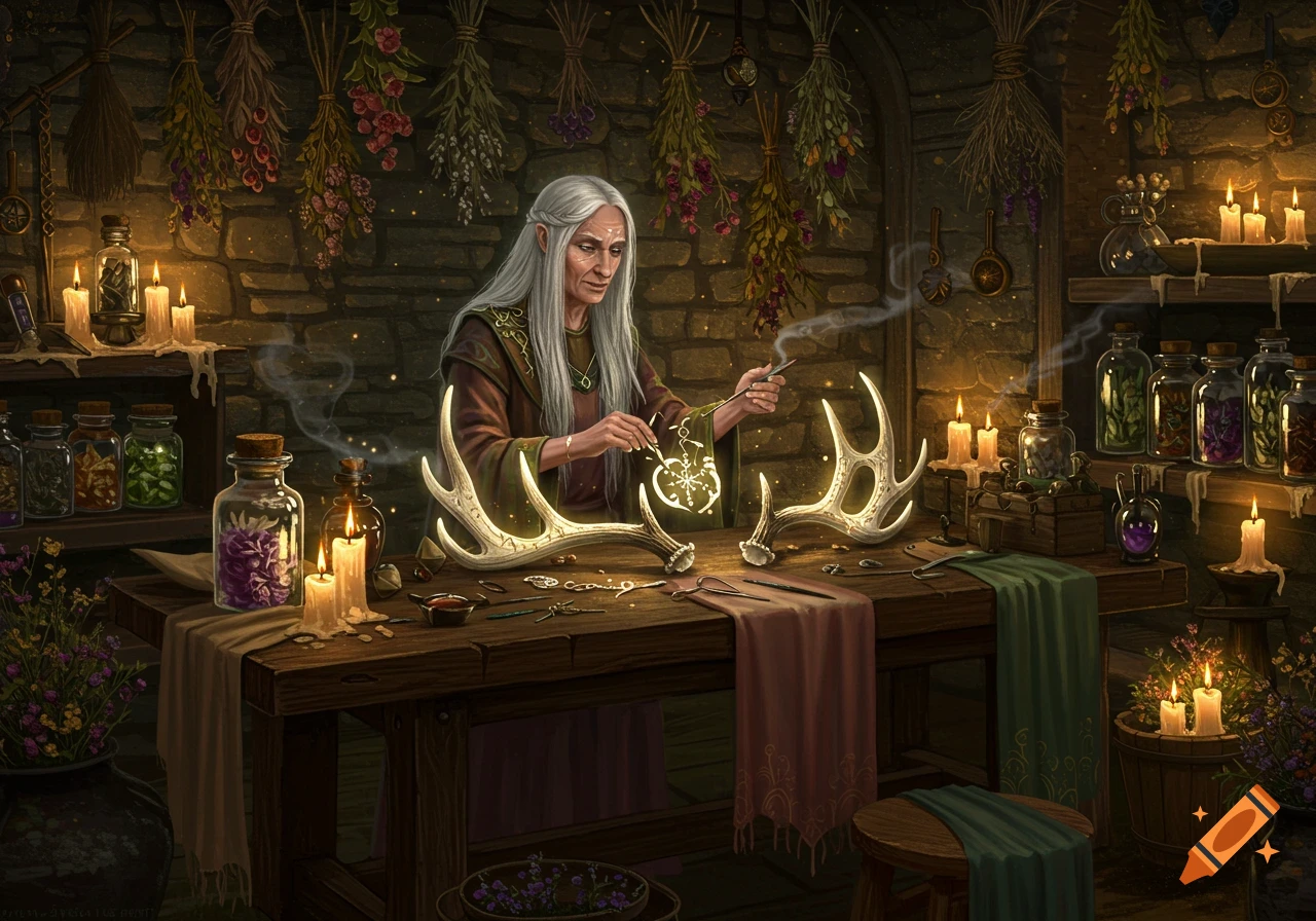 An old witch works on glowing deer antlers in a dimly lit stone workshop filled with herbs, bottles, and candles in a fantasy art style.