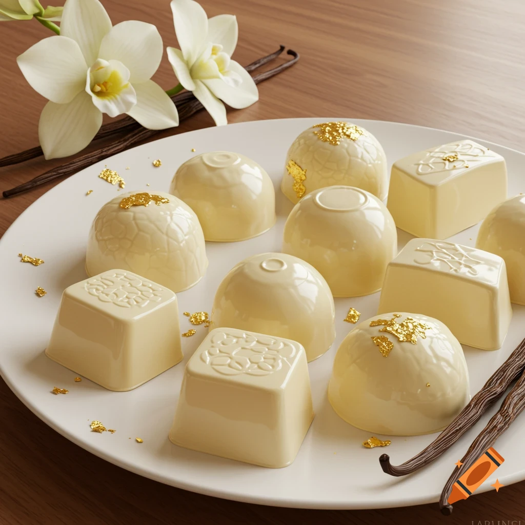 A white plate filled with gourmet white chocolates, some with gold flakes, alongside vanilla beans and flowers on a wooden table.