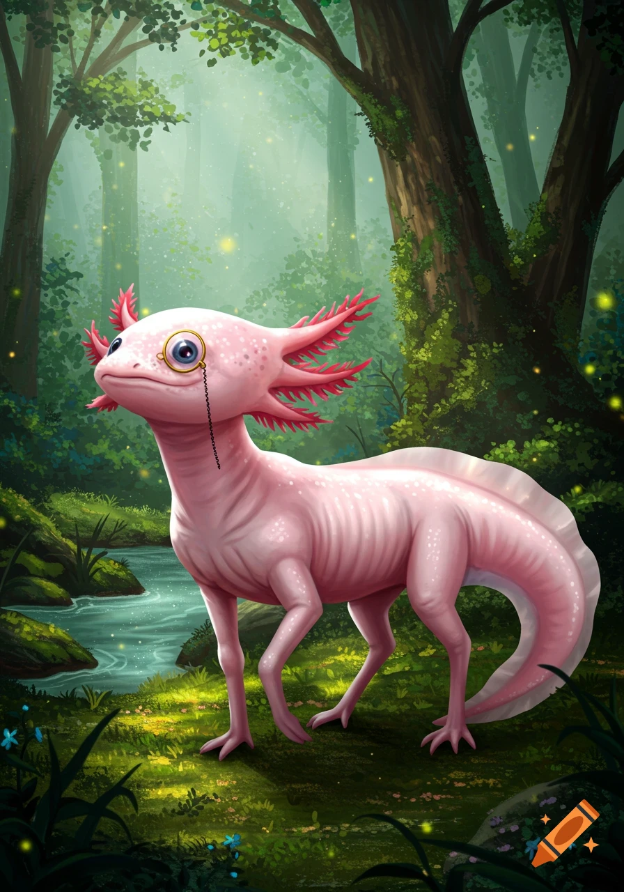 A pink axolotl-like creature with a monocle stands in a lush, magical forest next to a stream.