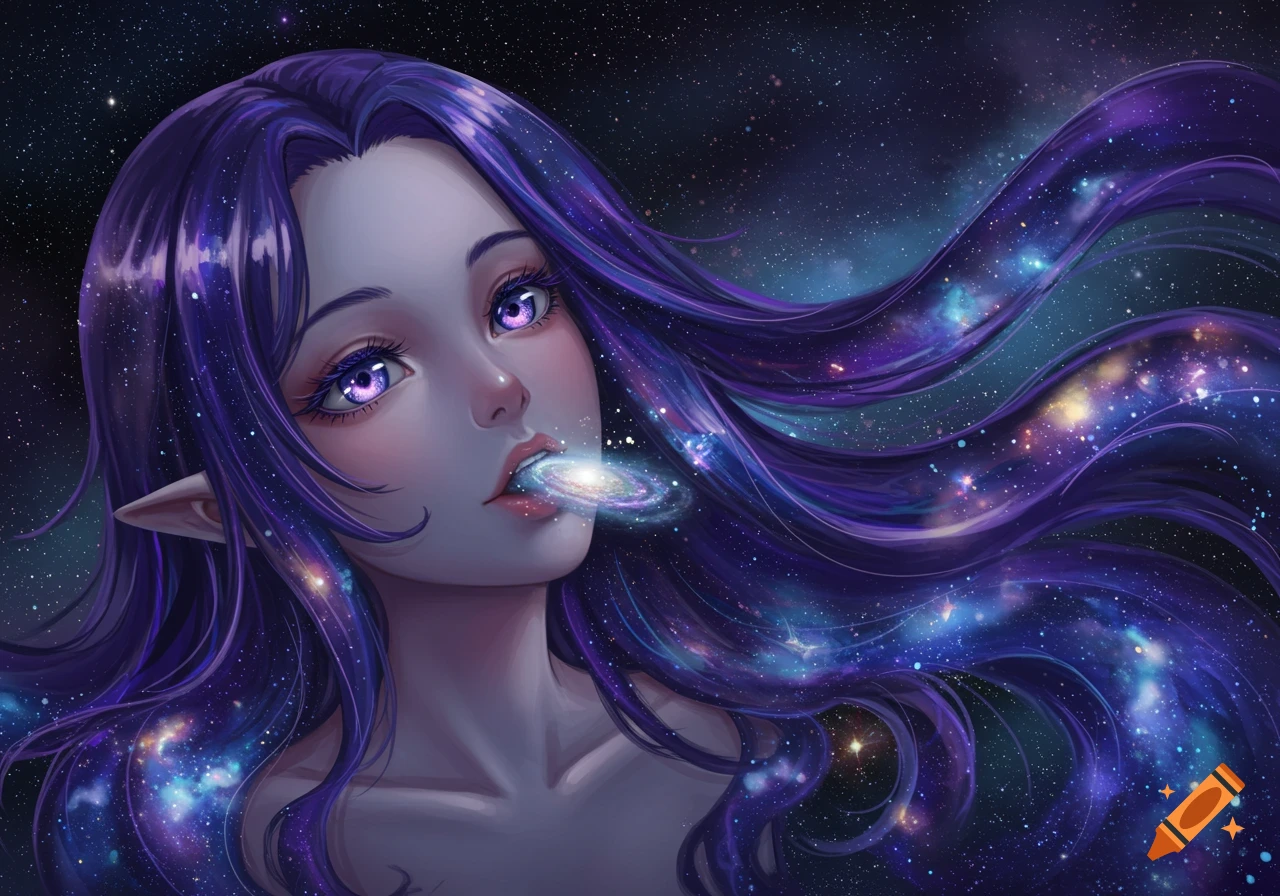 Anime woman with purple galaxy hair and eyes swallowing a tiny galaxy in space, digital art.