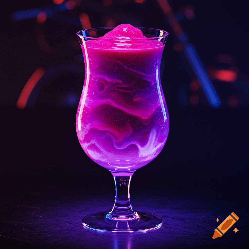 A glowing neon pink and purple smoothie in a curvy glass against a dark, moody background.