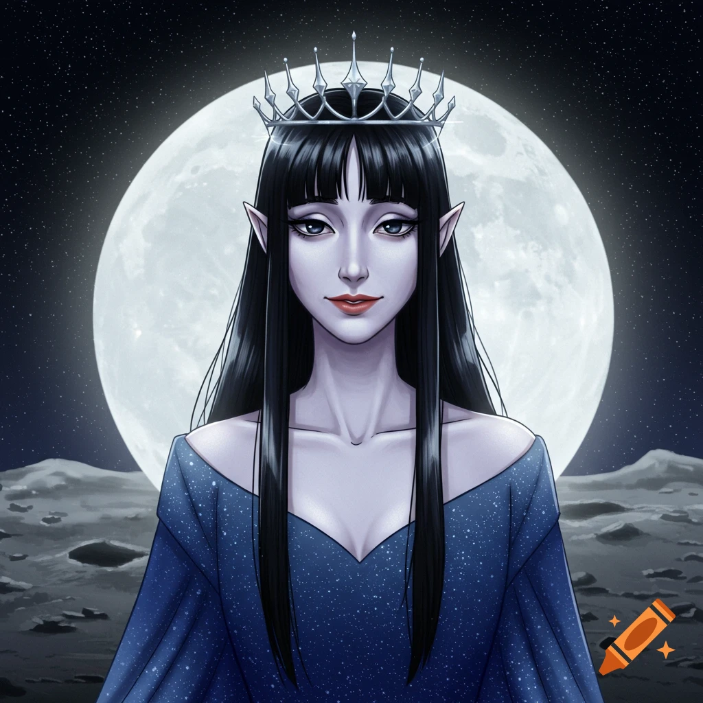A pale-skinned elf queen with long black hair and a silver crown stands against a large full moon in an anime style.