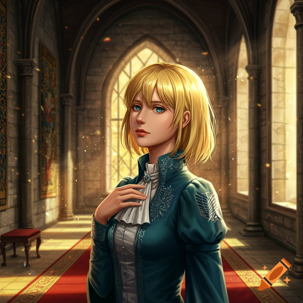 A blonde woman in a teal dress stands in a grand, sunlit hall with archways and tapestries, looking to the side.