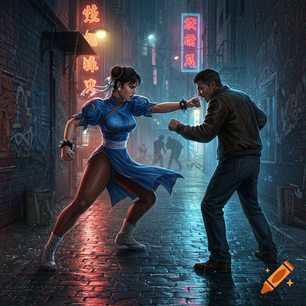 Chun-Li in a blue dress fights a man in a dark, rainy alley with neon signs in this illustrative style.