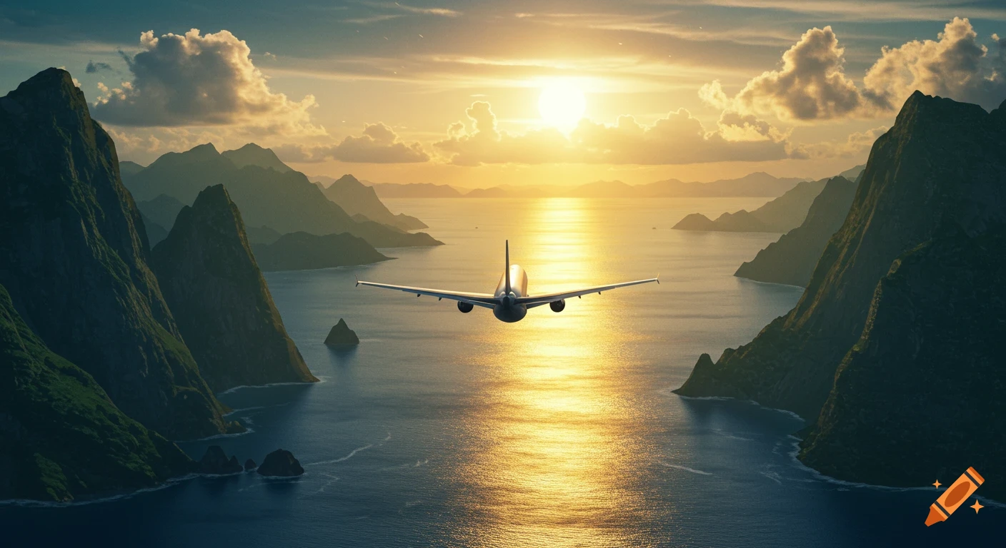 A plane flies low over a body of water with mountains on either side, heading towards a bright sunset.