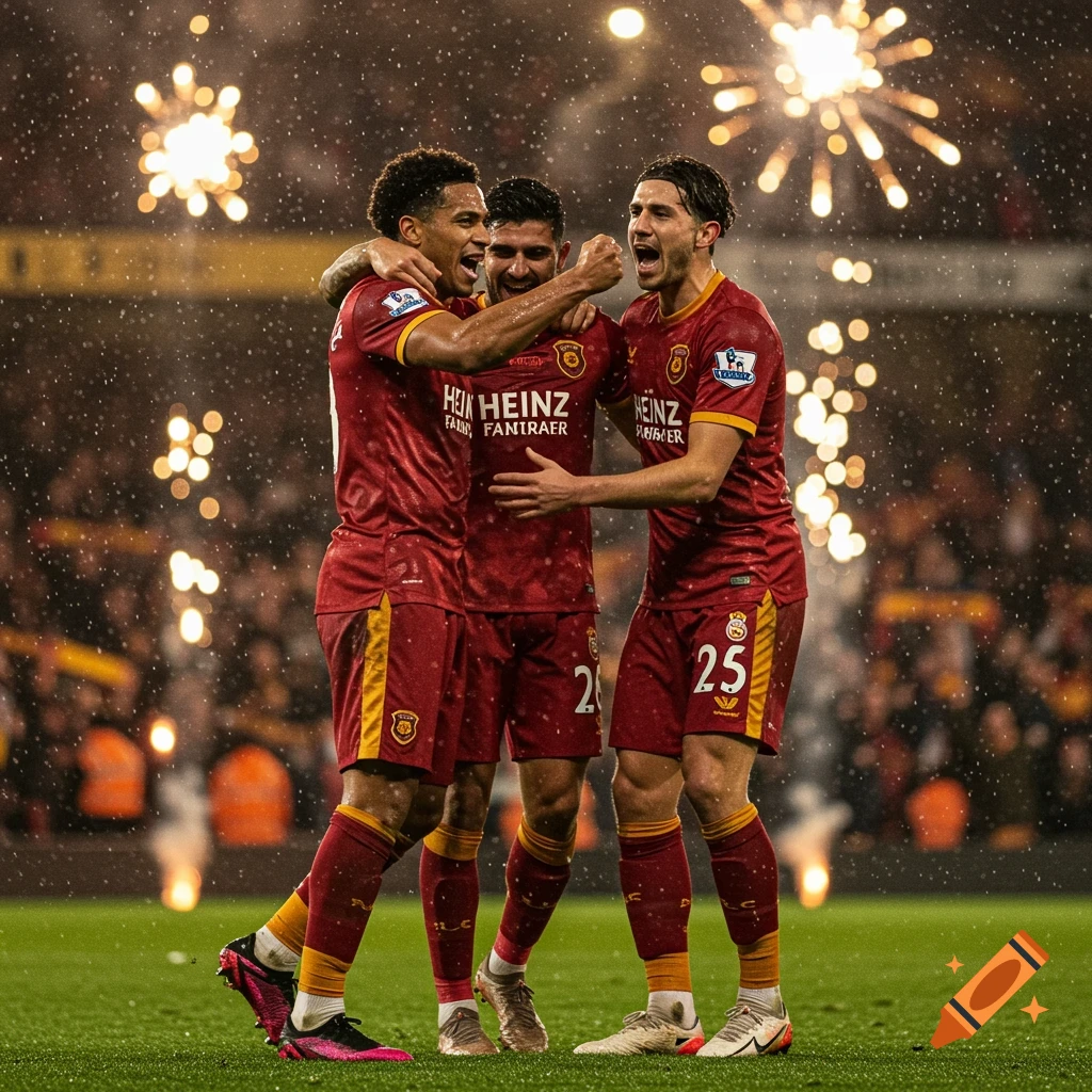Three photorealistic football players in red and yellow kits celebrating on a rainy field with fireworks in the background.
