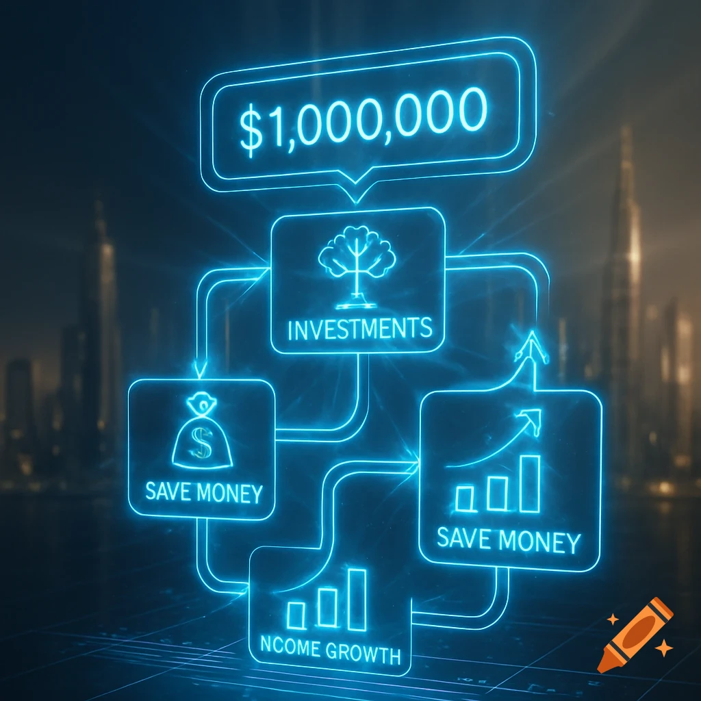 A glowing blue neon flowchart diagram on a dark background, illustrating steps to reach $1,000,000 including investments, saving money, and income growth.