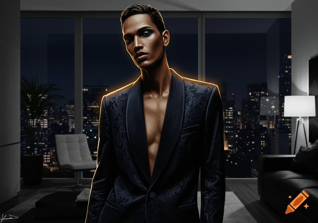 A stylish person in a black patterned plunging blazer stands in a dimly lit modern apartment overlooking a city skyline at night.