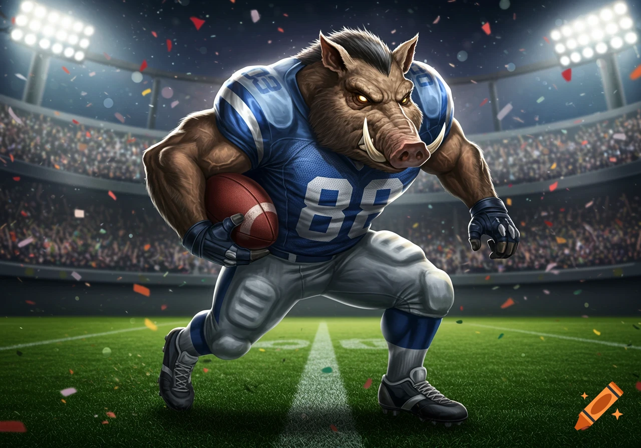 Muscular boar in blue football uniform with number 80, holding a football on a stadium field with confetti.
