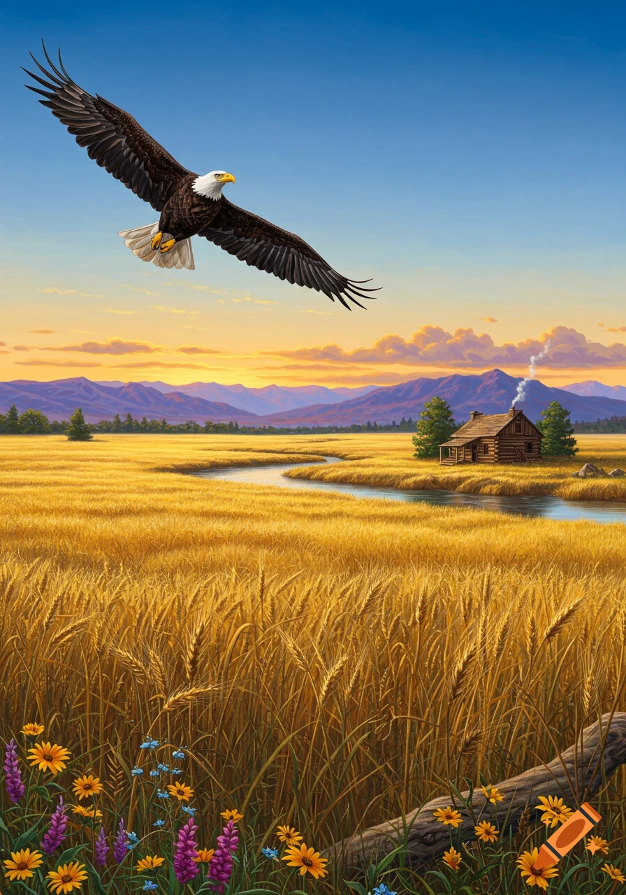 A bald eagle soars over a golden wheat field, a winding river, a rustic log cabin, and distant mountains under a sunset sky.
