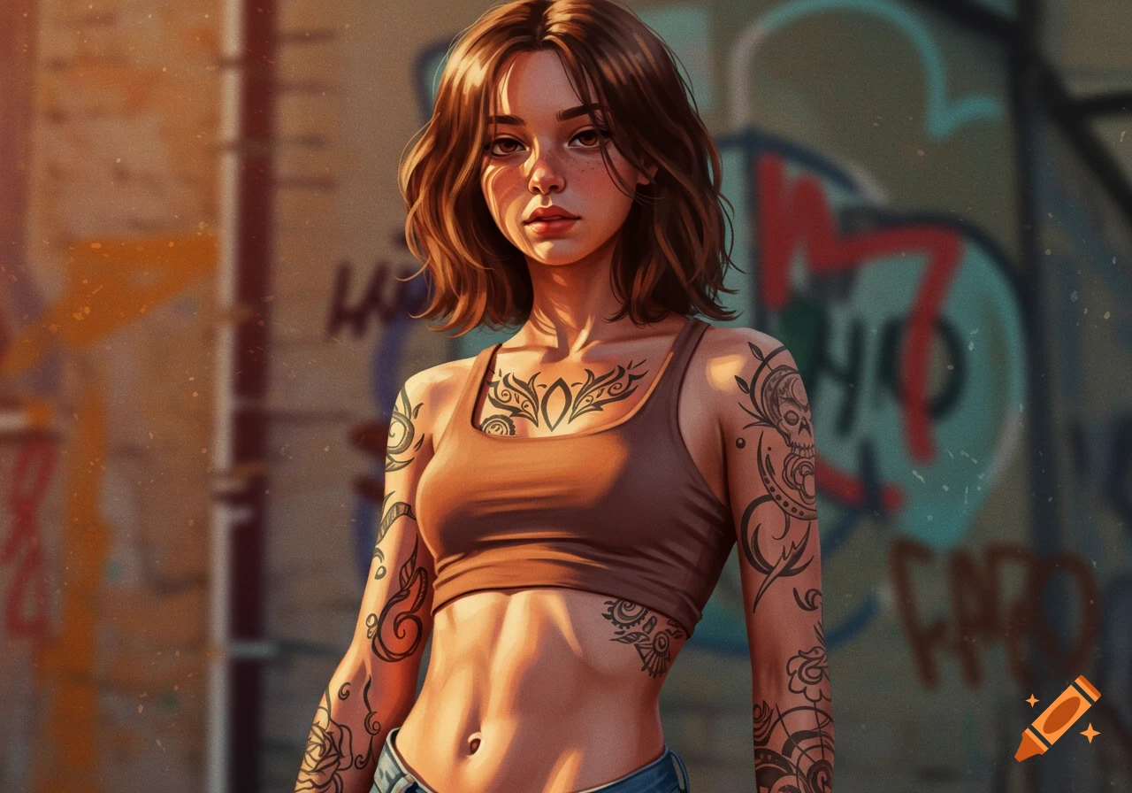A digital art portrait of a young woman with short brown hair, a crop top, and numerous tattoos, standing against a graffiti-covered wall.