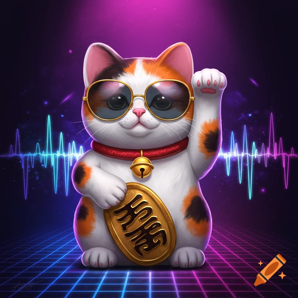 A cute calico Maneki-neko cat wearing sunglasses, a red collar with a gold bell, holding a lucky coin. The background features neon sine waves and a grid, giving a disco style.