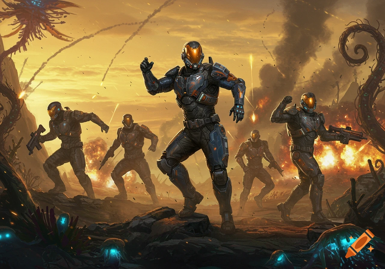 Five futuristic soldiers in a dynamic pose during a chaotic battle in an alien landscape, digital art.