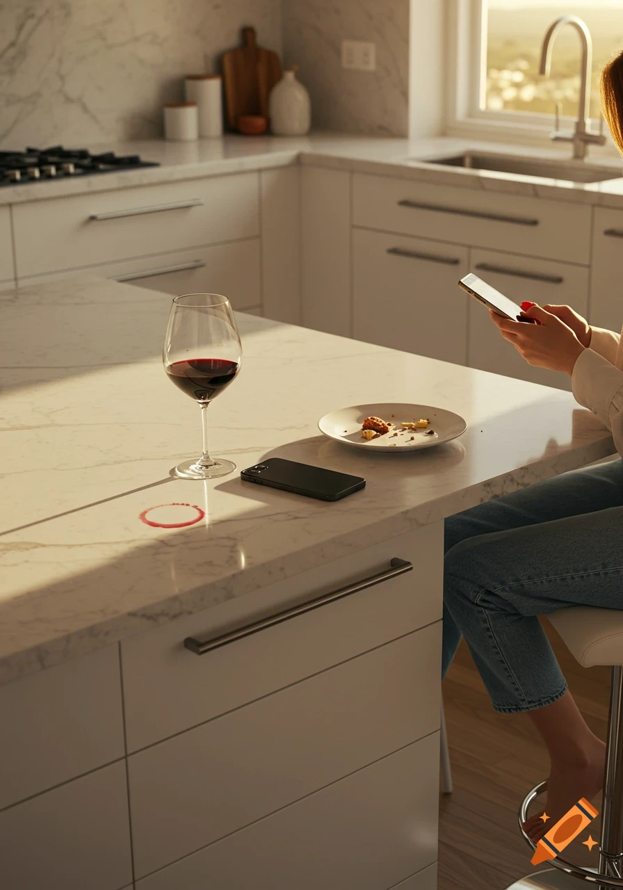 A woman in jeans sits at a white marble kitchen island, texting on her phone beside a glass of red wine and a plate of crumbs, bathed in warm sunset light.