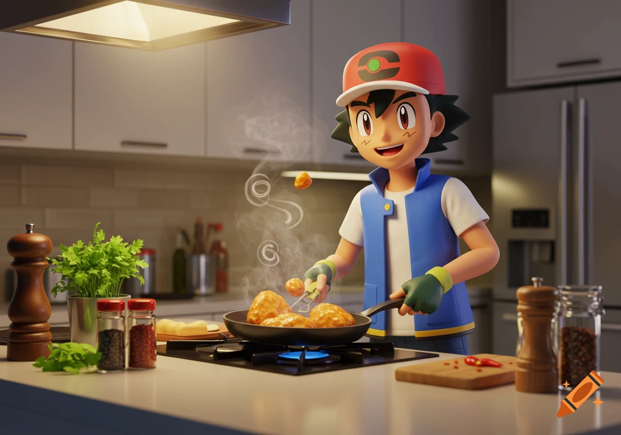 A 3D render of Ash Ketchum from Pok Amon cooking fried chicken in a modern kitchen.
