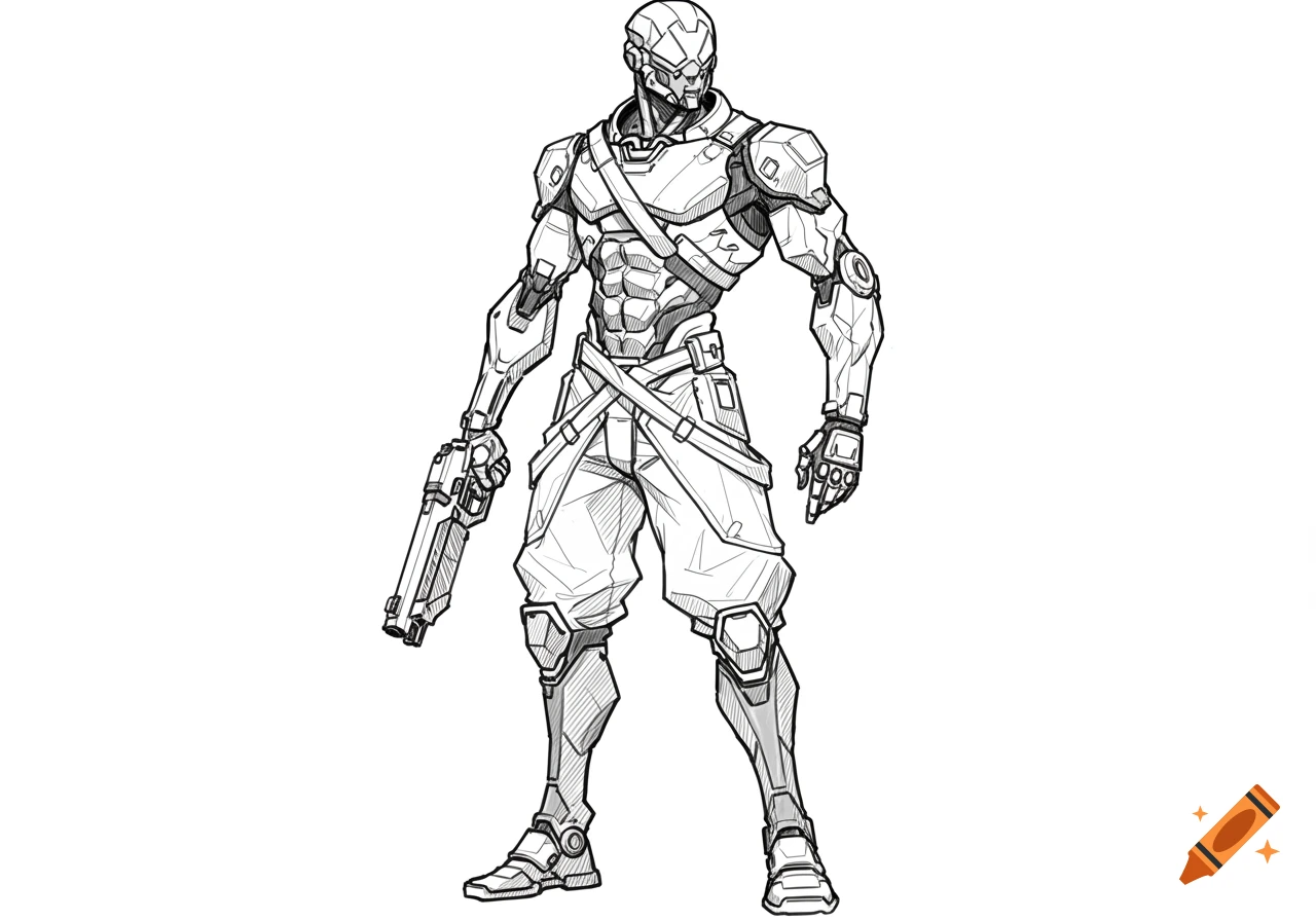 Detailed line art sketch of a humanoid robot character holding a pistol, standing in a dynamic pose.
