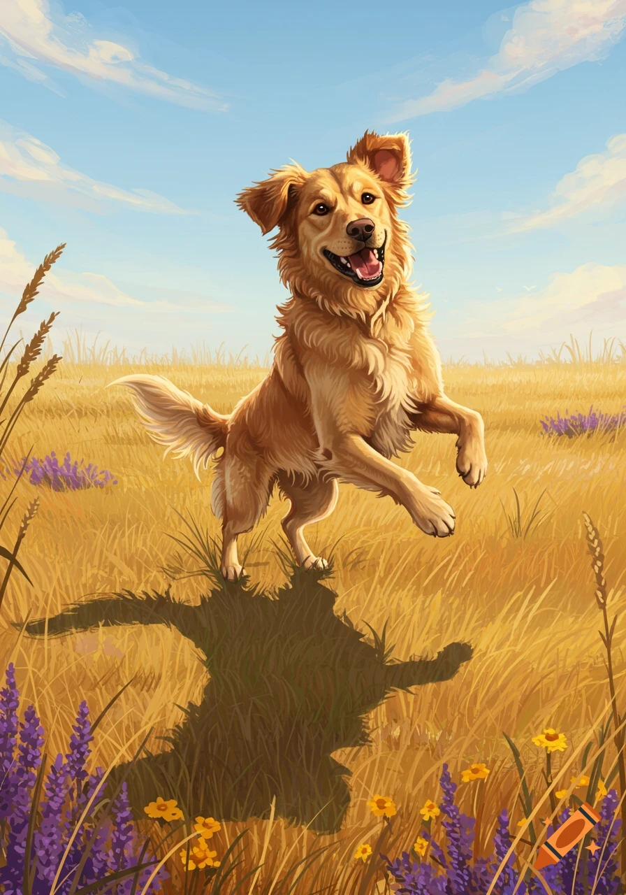 A golden retriever dog jumping in a field of tall golden grass and purple and yellow wildflowers under a blue sky.