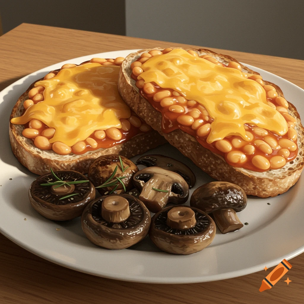 Two slices of beans and cheese on toast with roasted mushrooms and rosemary on a white plate.