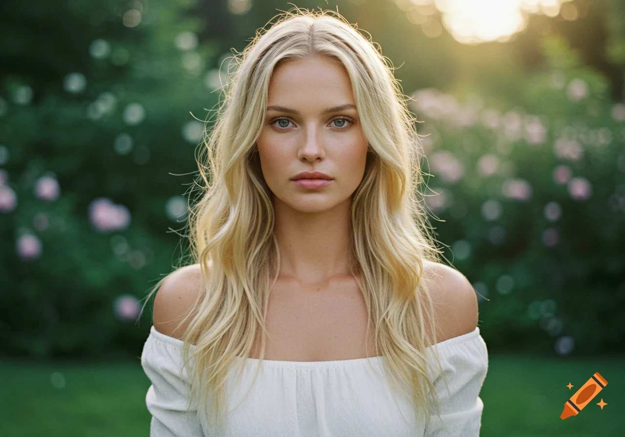Photorealistic portrait of a blonde woman in an off-the-shoulder top, looking forward, with a soft green background.