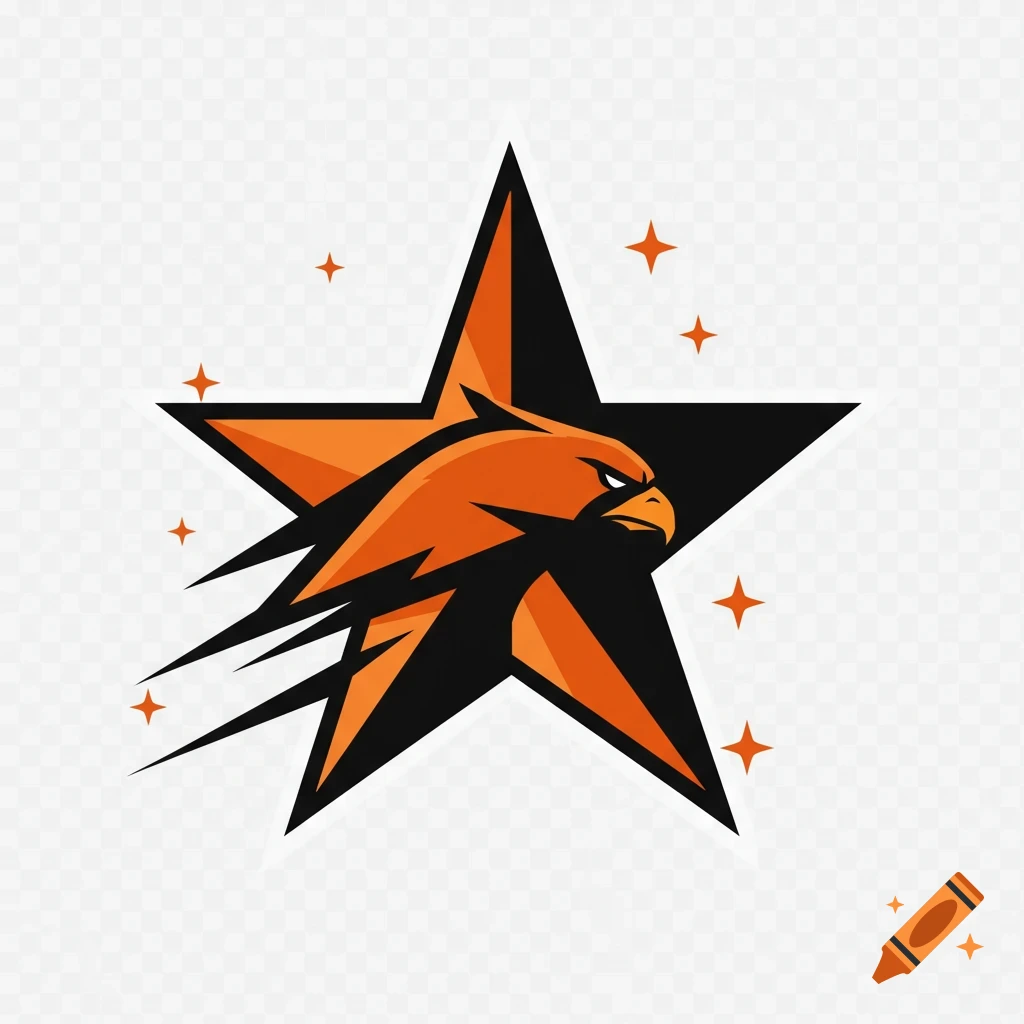 Futuristic orange and black hawk head bursting from a black star, with small orange stars on a transparent background. Stylized logo.