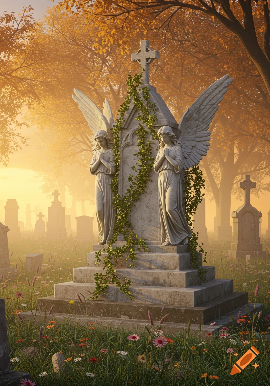 An ornate stone monument with two angel statues and ivy in a sunlit cemetery with autumn trees and wildflowers.