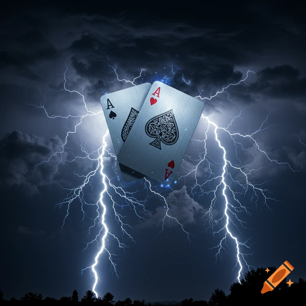 Two playing cards, an Ace of Spades and an Ace of Hearts, illuminated by lightning against a dark, stormy sky.