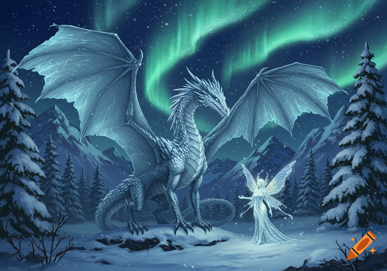 A majestic white ice dragon and a glowing fairy stand in a snowy mountain landscape beneath the vibrant green aurora borealis.