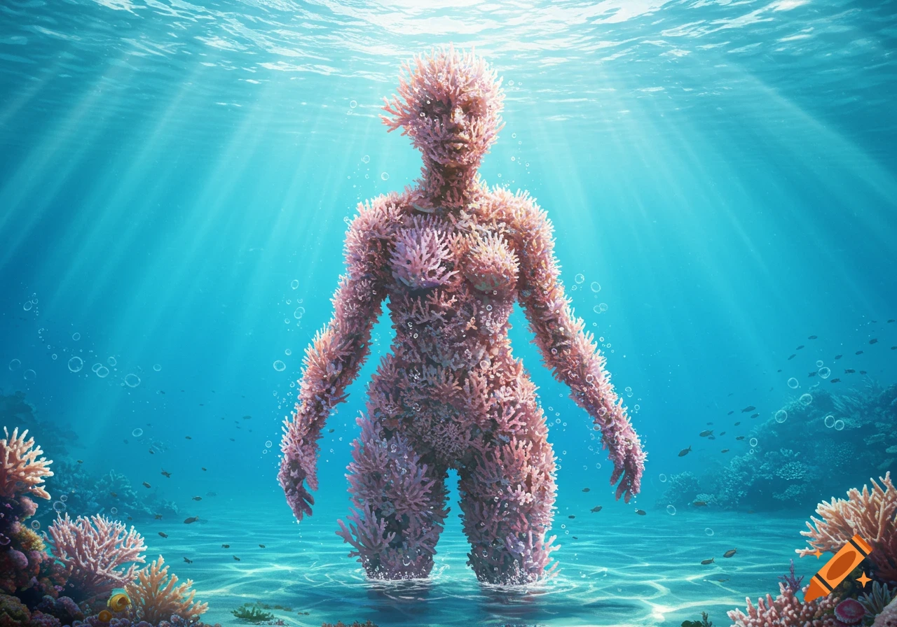 A human-shaped figure made of pink coral stands in clear blue underwater with sun rays and coral reefs.