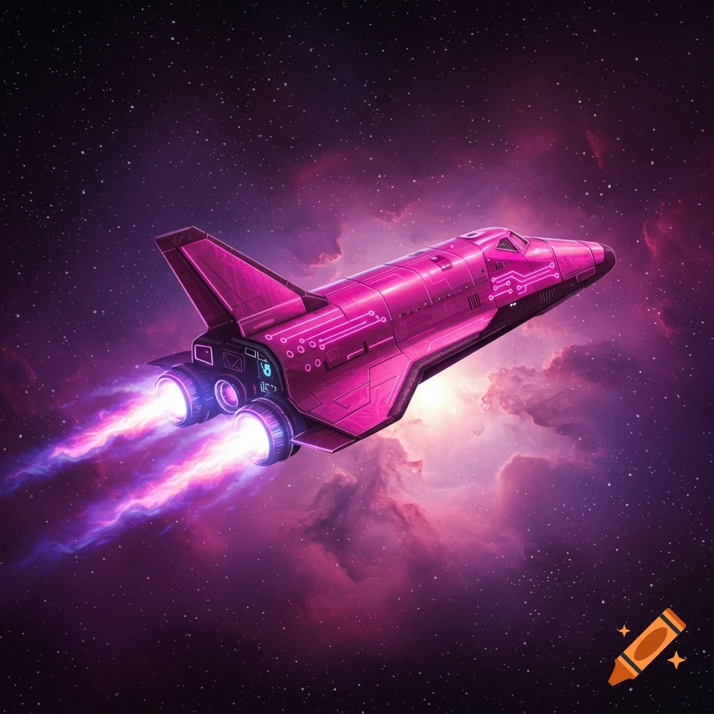 A stylized illustration of a pink and purple cyberpunk spaceshuttle flying through a starfield with bright exhaust flames.