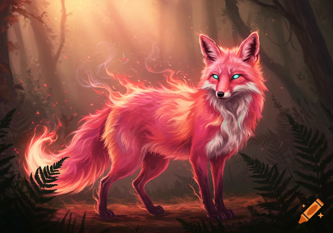 A pink fox with glowing turquoise eyes and flaming fur stands in a dark, magical forest.