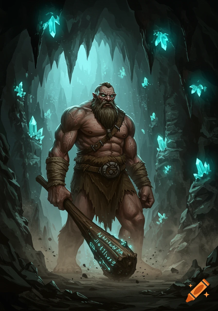 A muscular, bearded hill giant stands in a dark cave illuminated by glowing blue crystals, holding a large club.