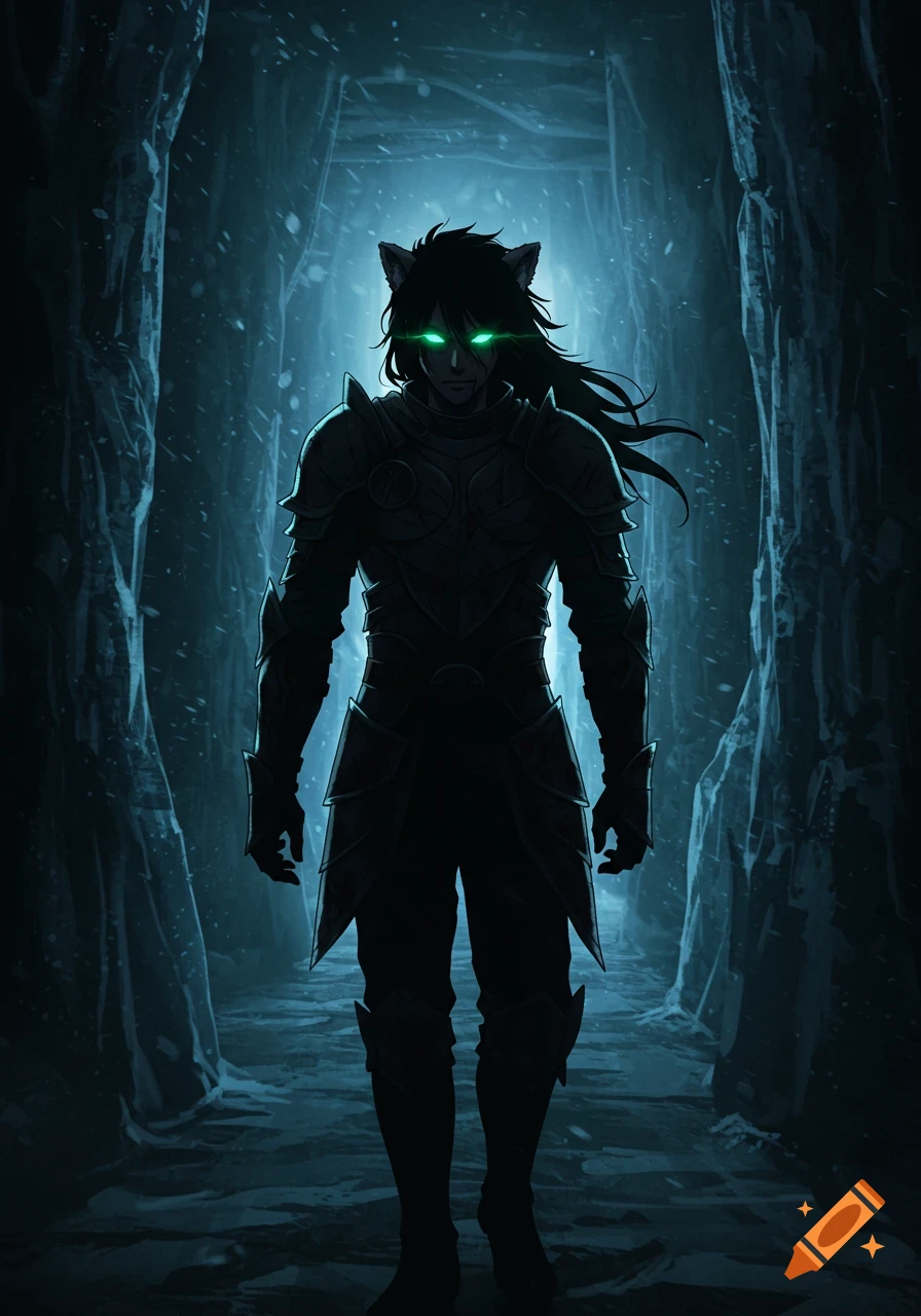 A menacing anime silhouette of a man with glowing green eyes and animal ears in a dark, icy cavern.