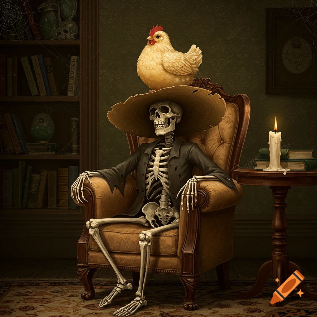 A skeleton in a suit and wide-brimmed hat sits in an armchair with a chicken perched on its head in a dark, old room.