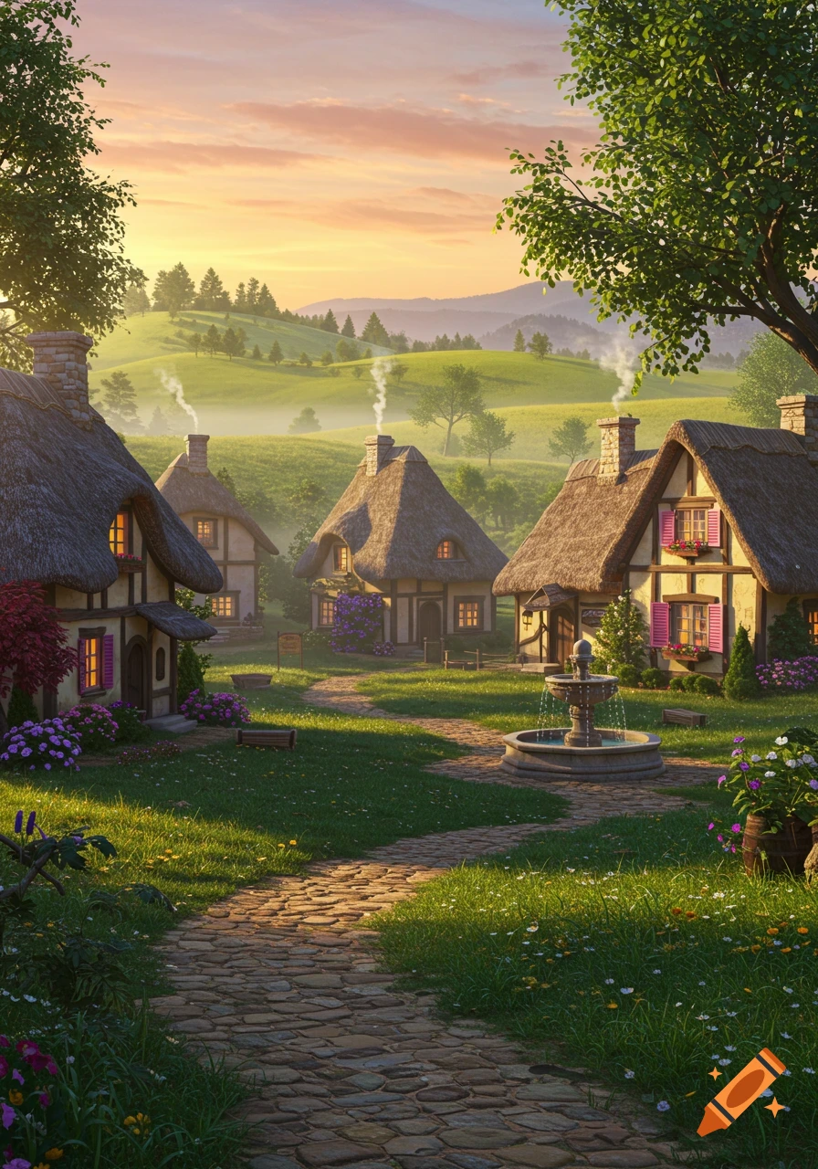 A charming village with thatched-roof cottages, a cobblestone path, and a fountain amidst green hills under a sunset sky.