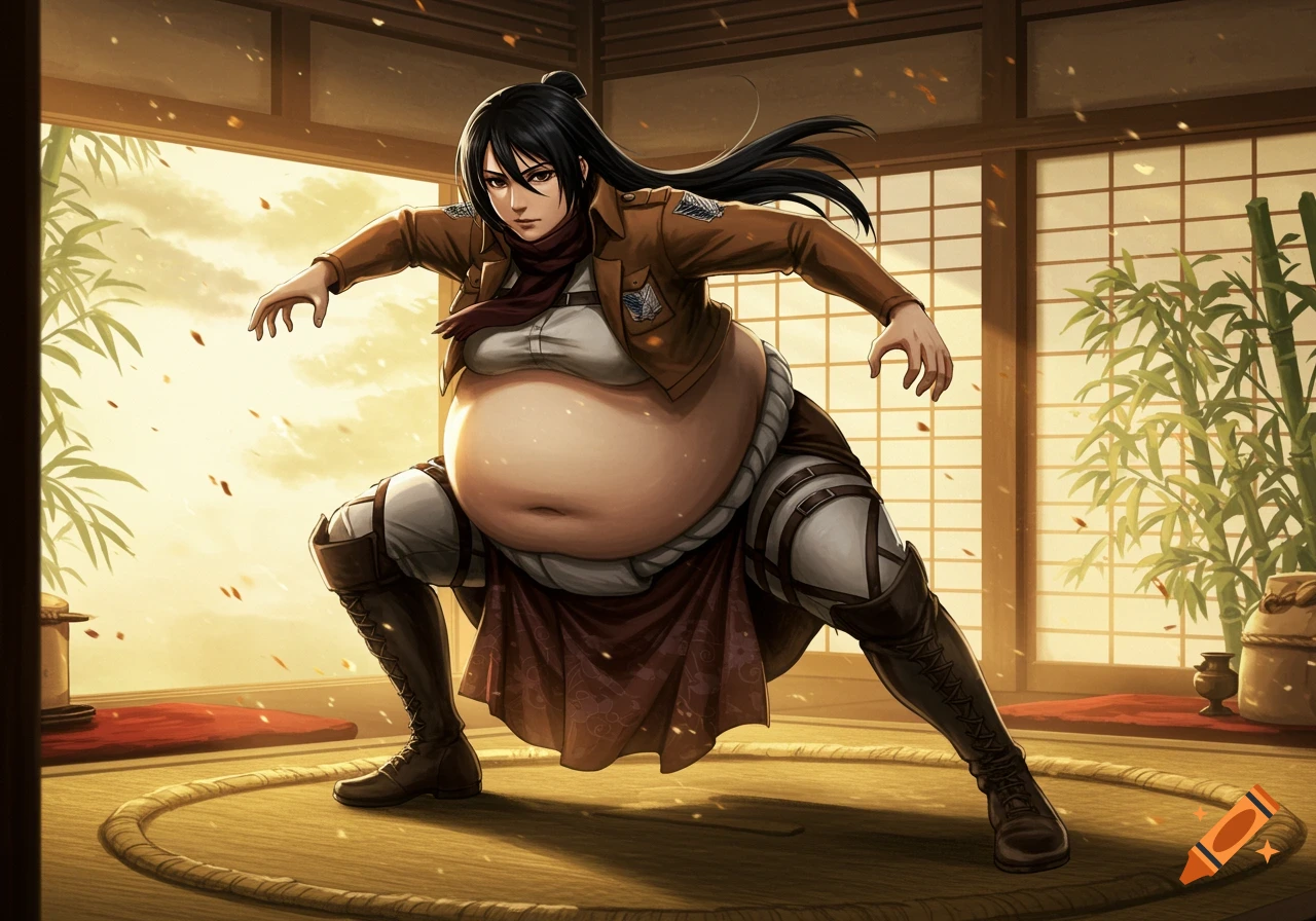 An anime character resembling Mikasa Ackerman with a large belly in a sumo stance in a Japanese dojo.