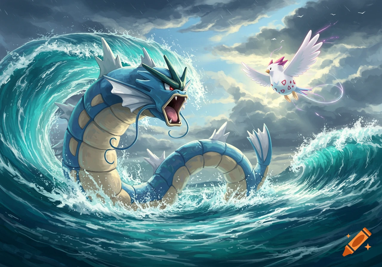 Gyarados, a large blue sea serpent, roars amidst a swirling wave as Togekiss, a white bird, flies above with glowing wings in a dramatic digital art scene.