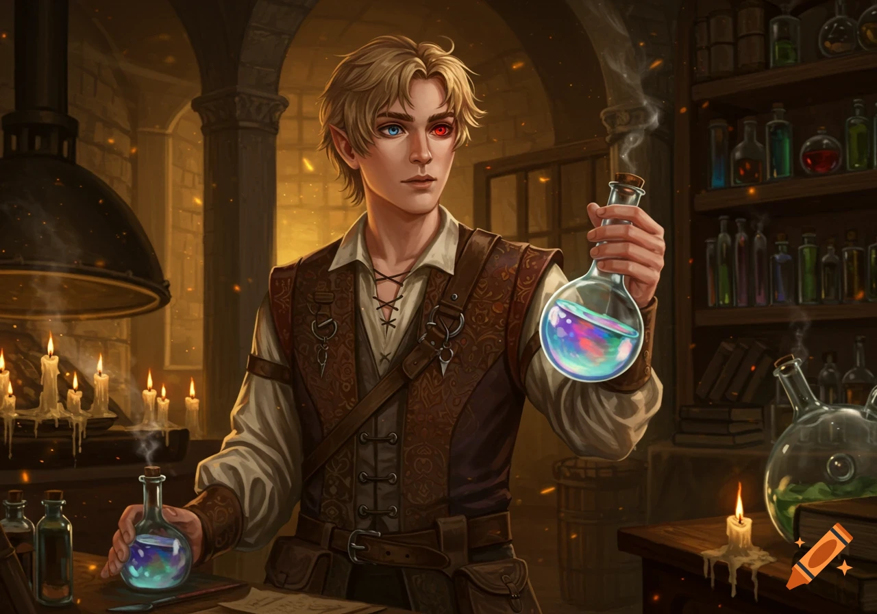 A young male potion maker with blond hair and heterochromia (one blue, one red eye) holds a glowing flask in a dimly lit alchemy lab.