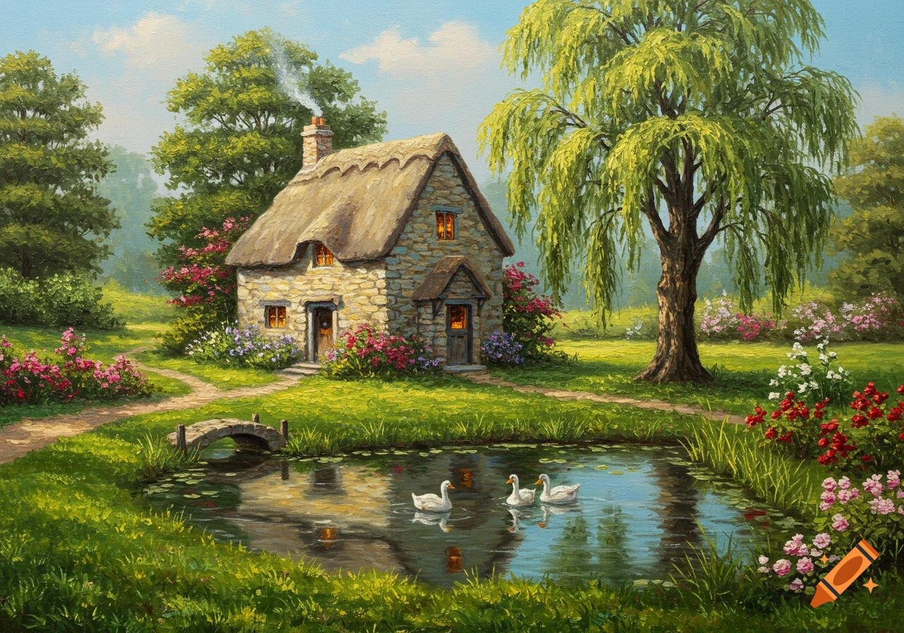An oil painting of a stone cottage with a thatched roof, a rose garden, a pond with ducks, and a weeping willow tree.